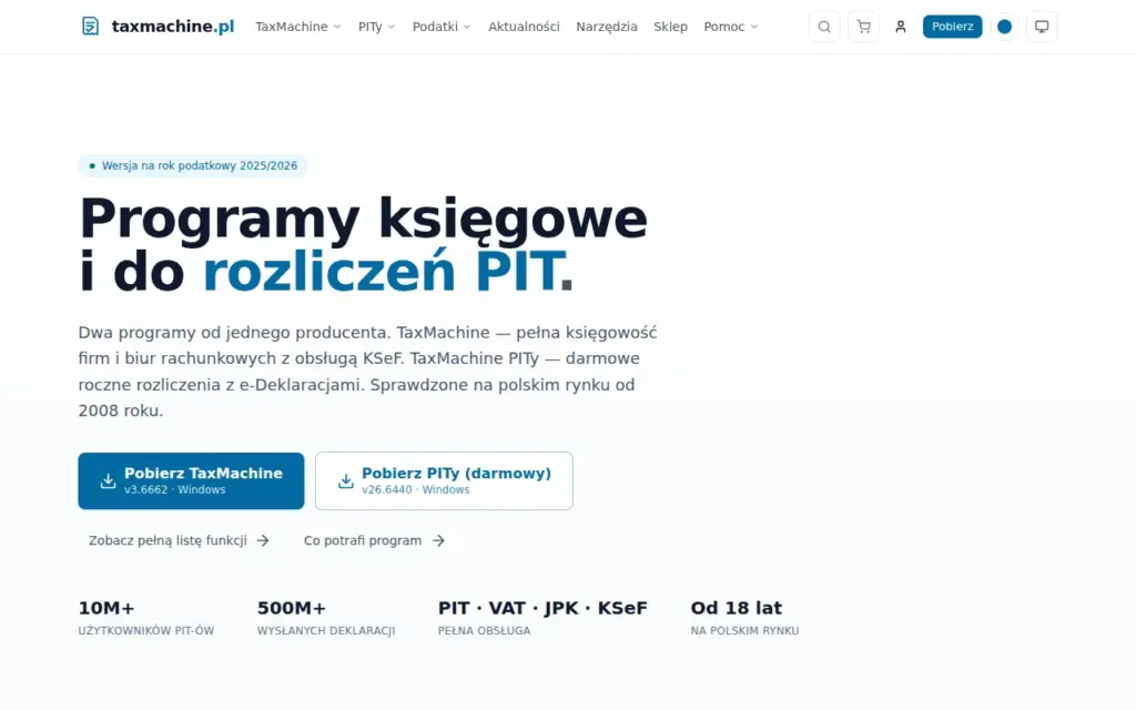 TaxMachine — strona produktu na stronie producenta (zrzut ekranu)